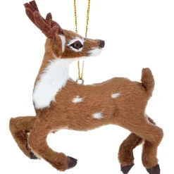 4" Fur Prancing Deer Looking Back Ornament< New