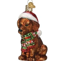 3.75" Holiday Chocolate Lab Pup Glass Ornament<Old World Glass Clearance