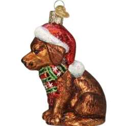3.75" Holiday Chocolate Lab Pup Glass Ornament<Old World Glass Clearance
