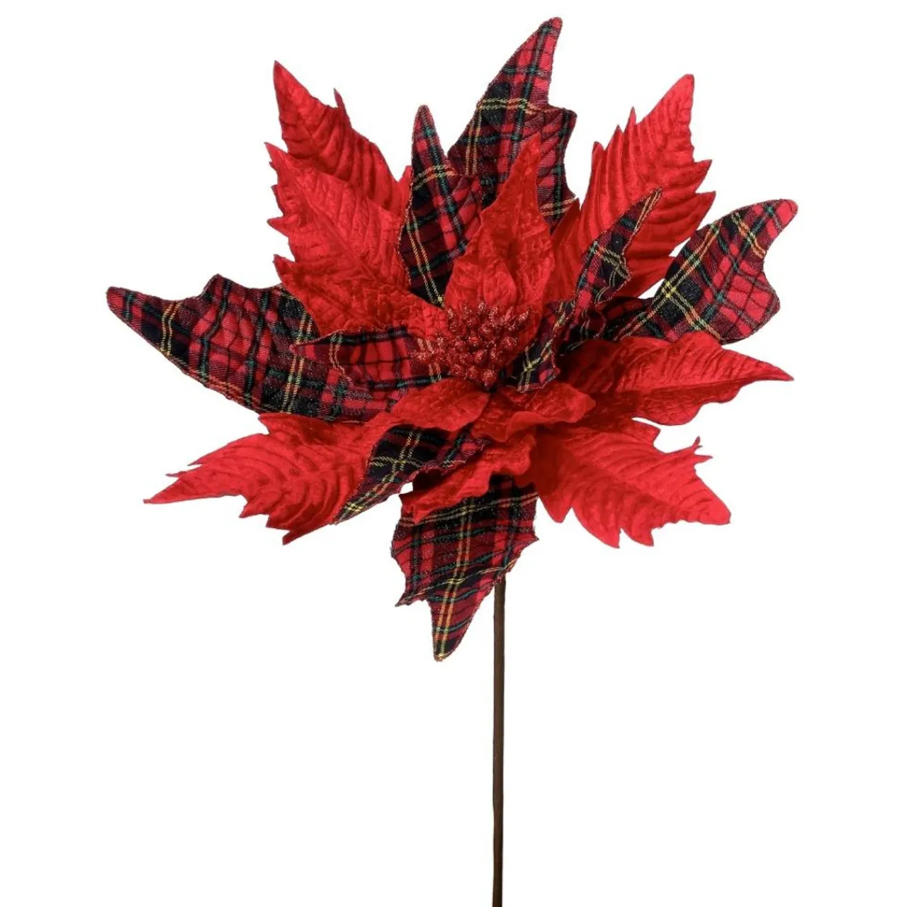 26" Red & Gold Plaid Velvet Poinsettia< Outlet