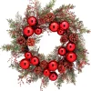 24" Red and Green Glittered Cedar with Balls and Cones Wreath< Fashion
