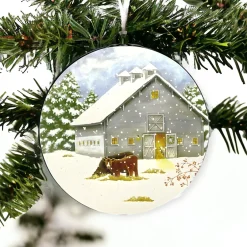 Barn With Cows Round Metal Ornament< Clearance