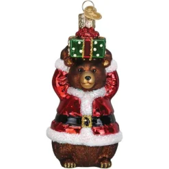 Bear Wearing Santa Suit Blown Glass Ornament<Old World Glass Online