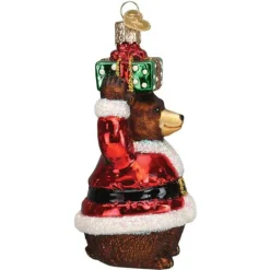 Bear Wearing Santa Suit Blown Glass Ornament<Old World Glass Online