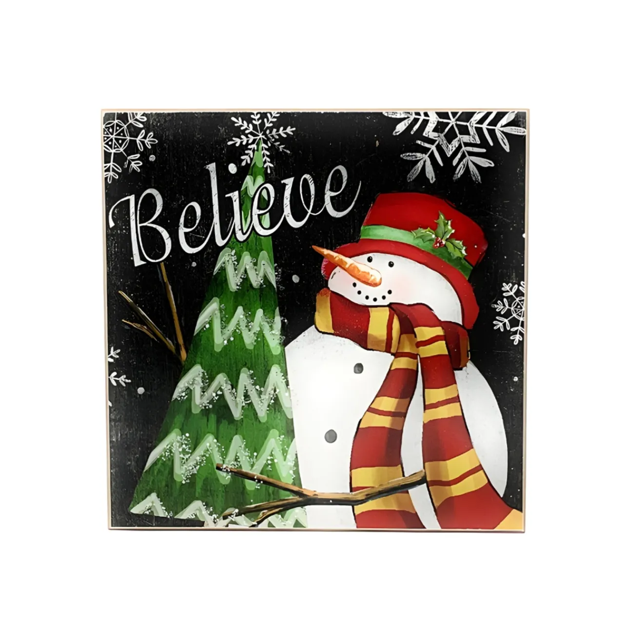 Believe Holiday Snowman Wood Block Sign< Fashion