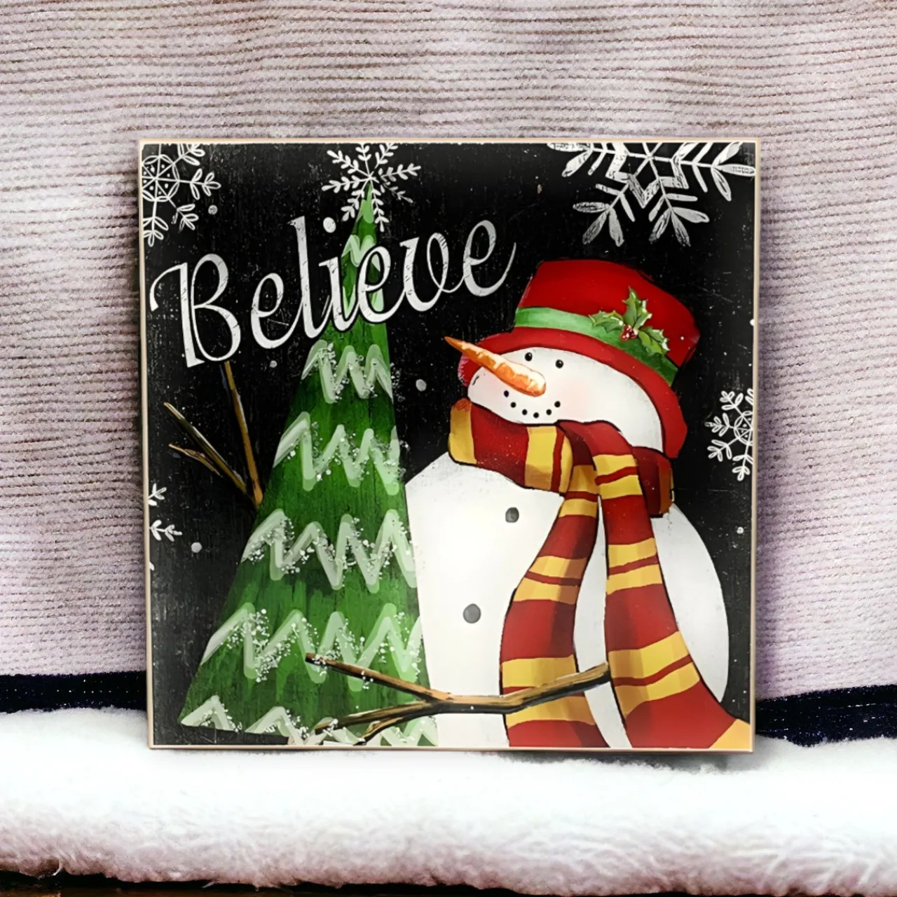 Believe Holiday Snowman Wood Block Sign< Fashion