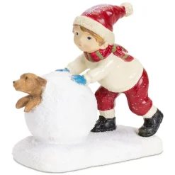 Boy With Dog In Snowball Resin Figurine< Best