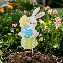 Bunny Sitting On Eggs Metal Yard Stake< New
