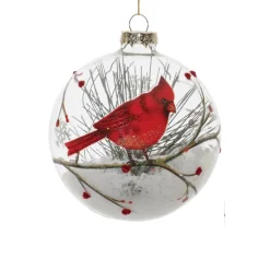 Cardinal and Snow Scene Glass Ball Ornament< New