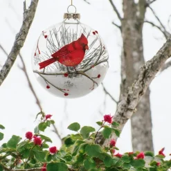 Cardinal and Snow Scene Glass Ball Ornament< New