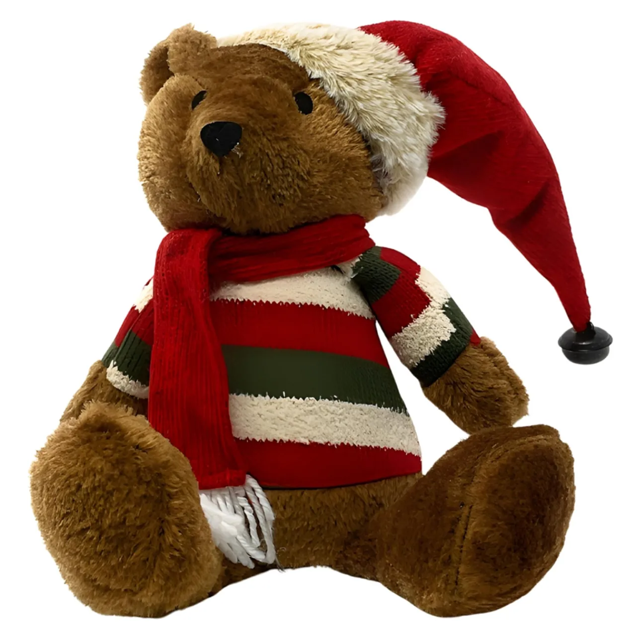 Cheerful Teddy in Striped Sweater & Santa Hat Sitter - 16in Plush Decor< Sale