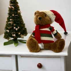 Cheerful Teddy in Striped Sweater & Santa Hat Sitter - 16in Plush Decor< Sale