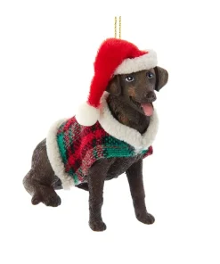 Chocolate Brown Labrador with Plaid Coat and Santa Hat Ornament<Kurt Adler Fashion