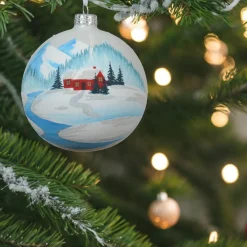Christmas Barn Painted White Glass Ornament< Clearance
