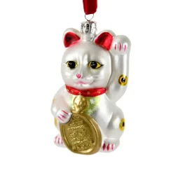 Cody Foster - White Lucky Cat Glass Ornament<Kurt Adler Clearance