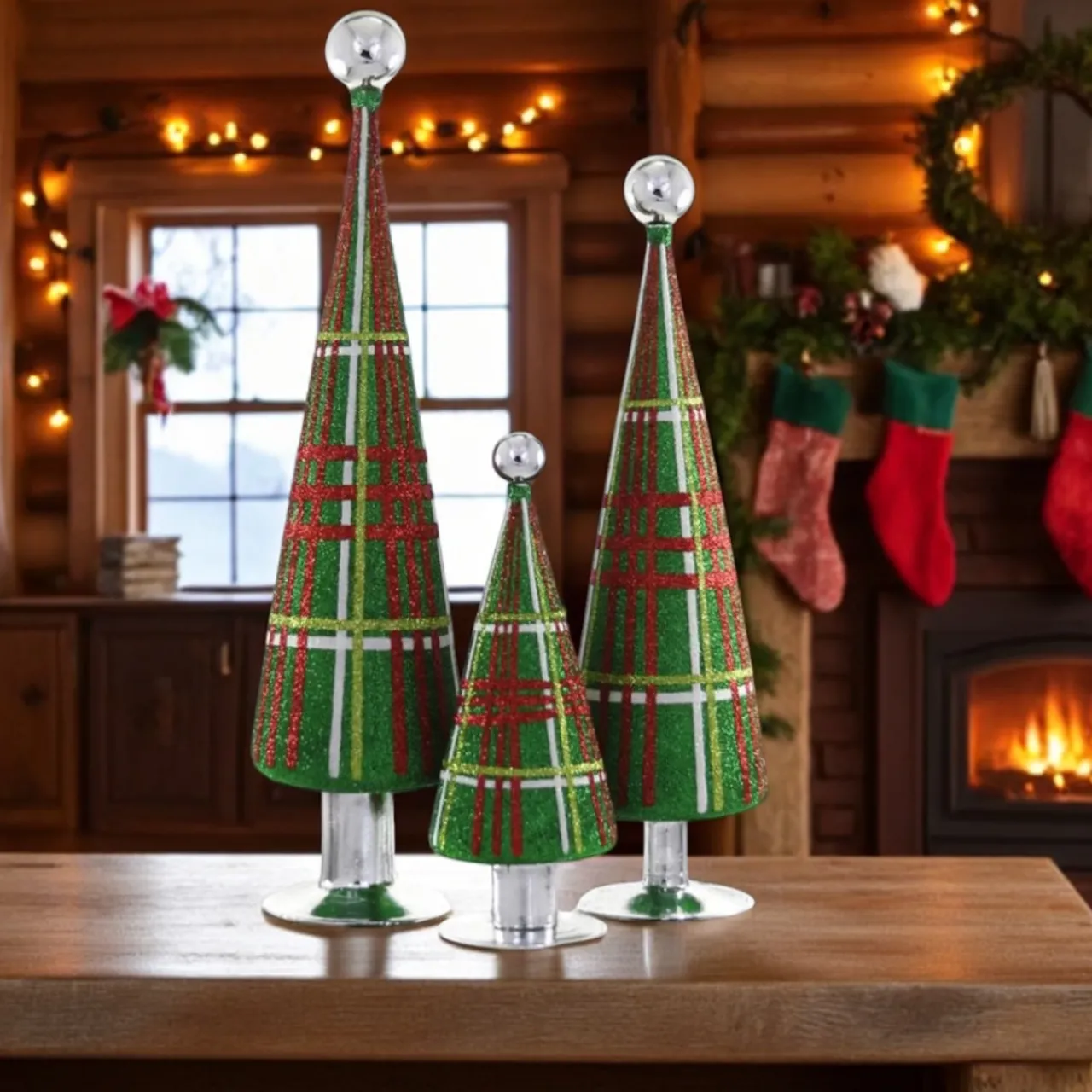 Cody Foster Glitter Plaid Tree - Green Set of 3<Cody Foster & Co. Hot