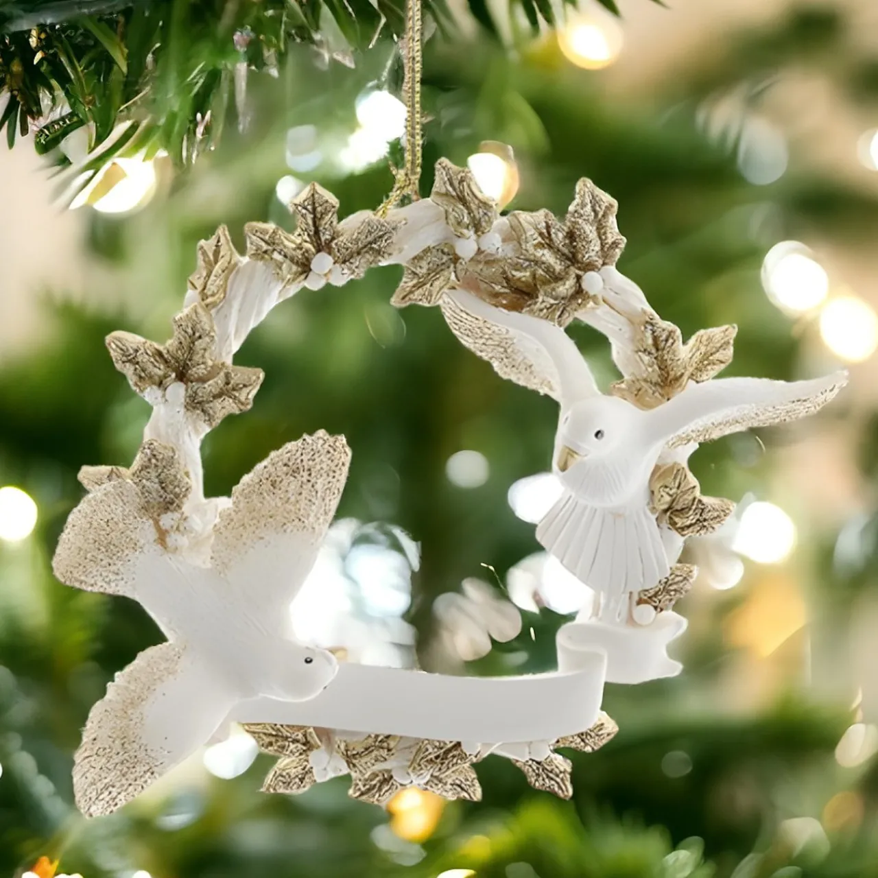 Customizable Platinum Doves Wreath Ornament, 3.25" Resin by E0937<Kurt Adler Clearance