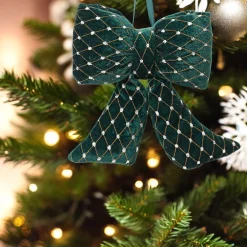 Dark Green and Gold Velvet Polyester Bow< New