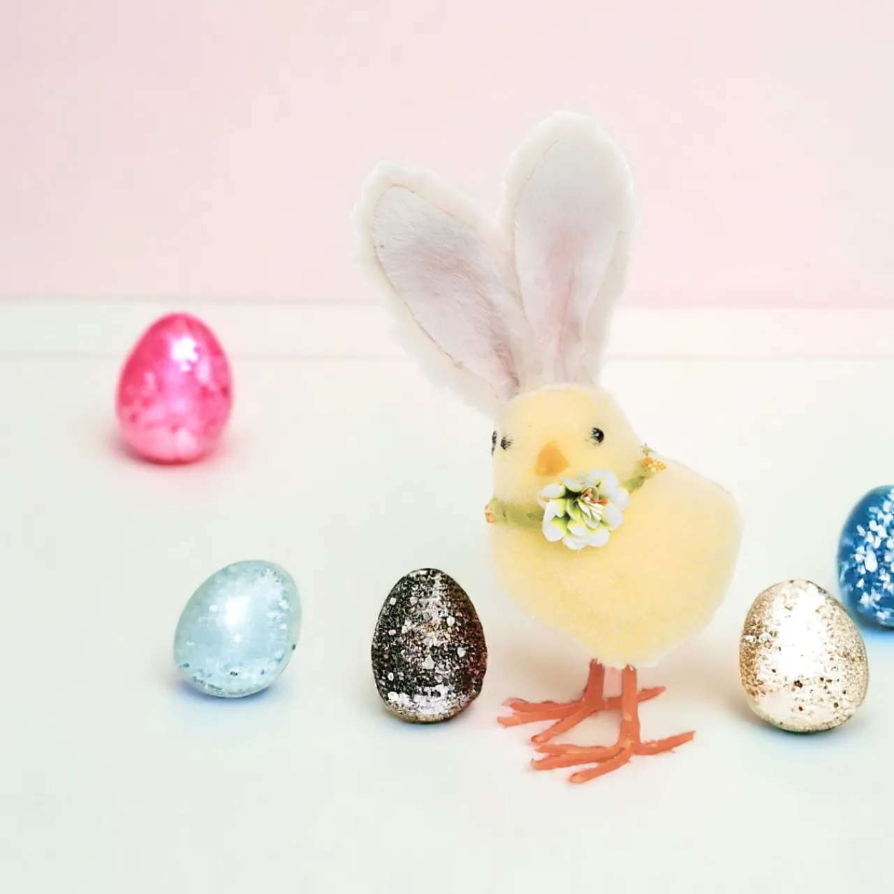 Easter Bunny Chick Decor: Fluffy Yellow Figurine with Rabbit Ears< Clearance