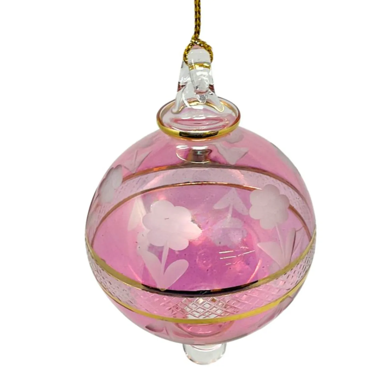Small Pink Floral Etched Ball Glass Ornament<Egyptian Museum Clearance