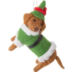 Felt Dachshund in Green Santa Suit Ornament< Clearance