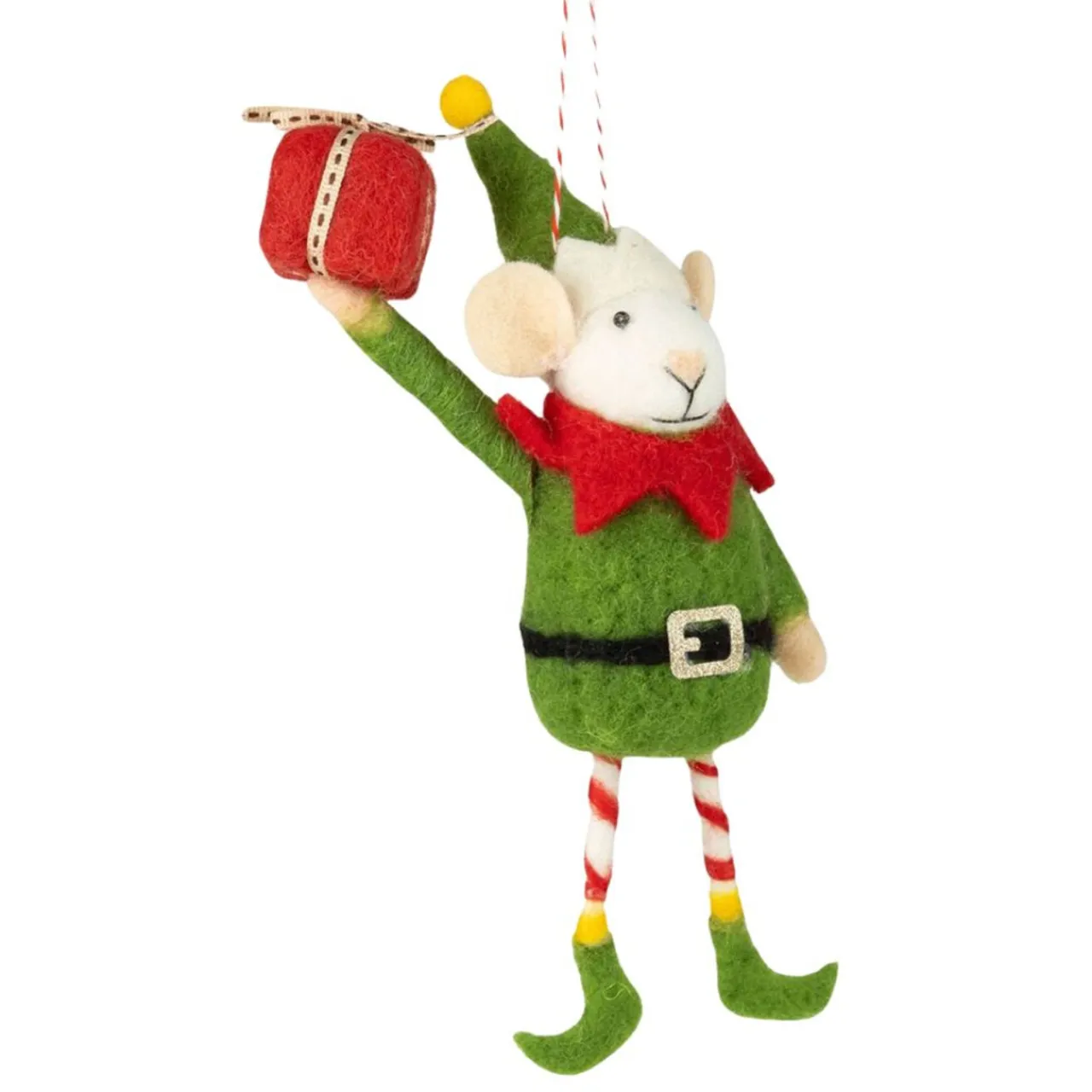 Felt Elf Mouse in Green Suit Holding Present Ornament< Online