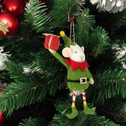 Felt Elf Mouse in Green Suit Holding Present Ornament< Online