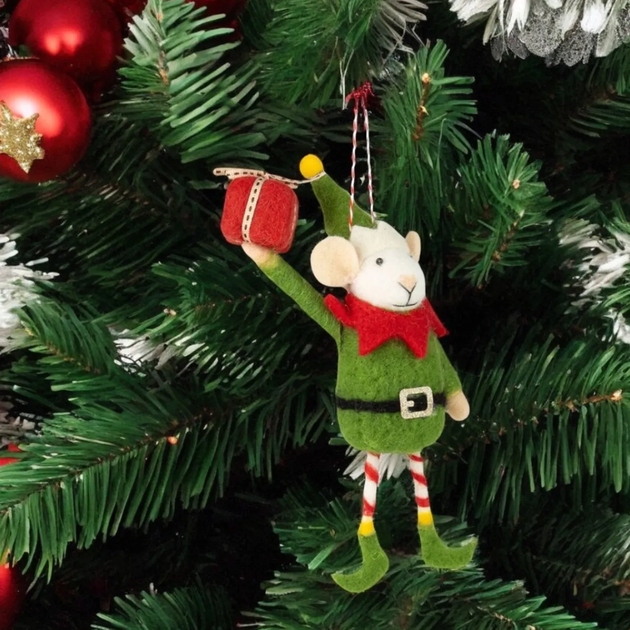Felt Elf Mouse in Green Suit Holding Present Ornament< Online