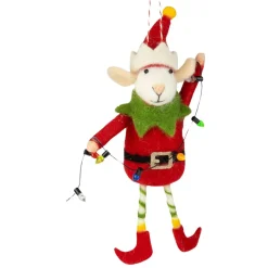 Felt Elf Mouse in Red Suit Holding Christmas Lights Ornament< Outlet