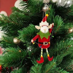 Felt Elf Mouse in Red Suit Holding Christmas Lights Ornament< Outlet
