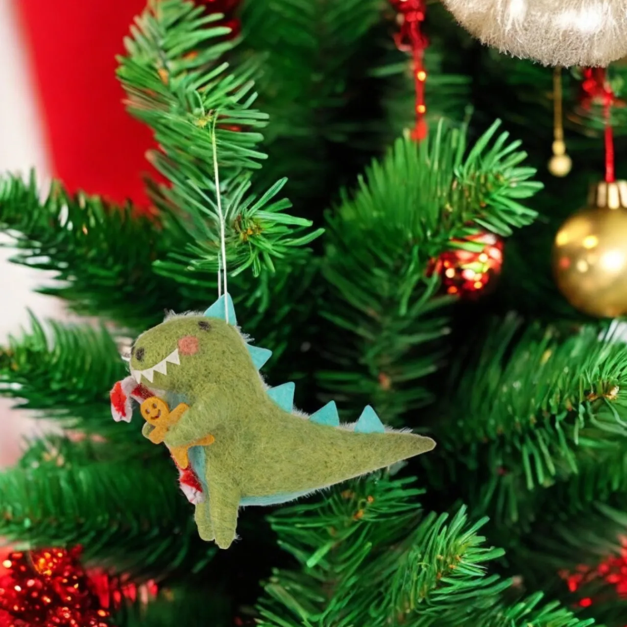 Felt Green Dinosaur with Candy Cane Ornament< Sale