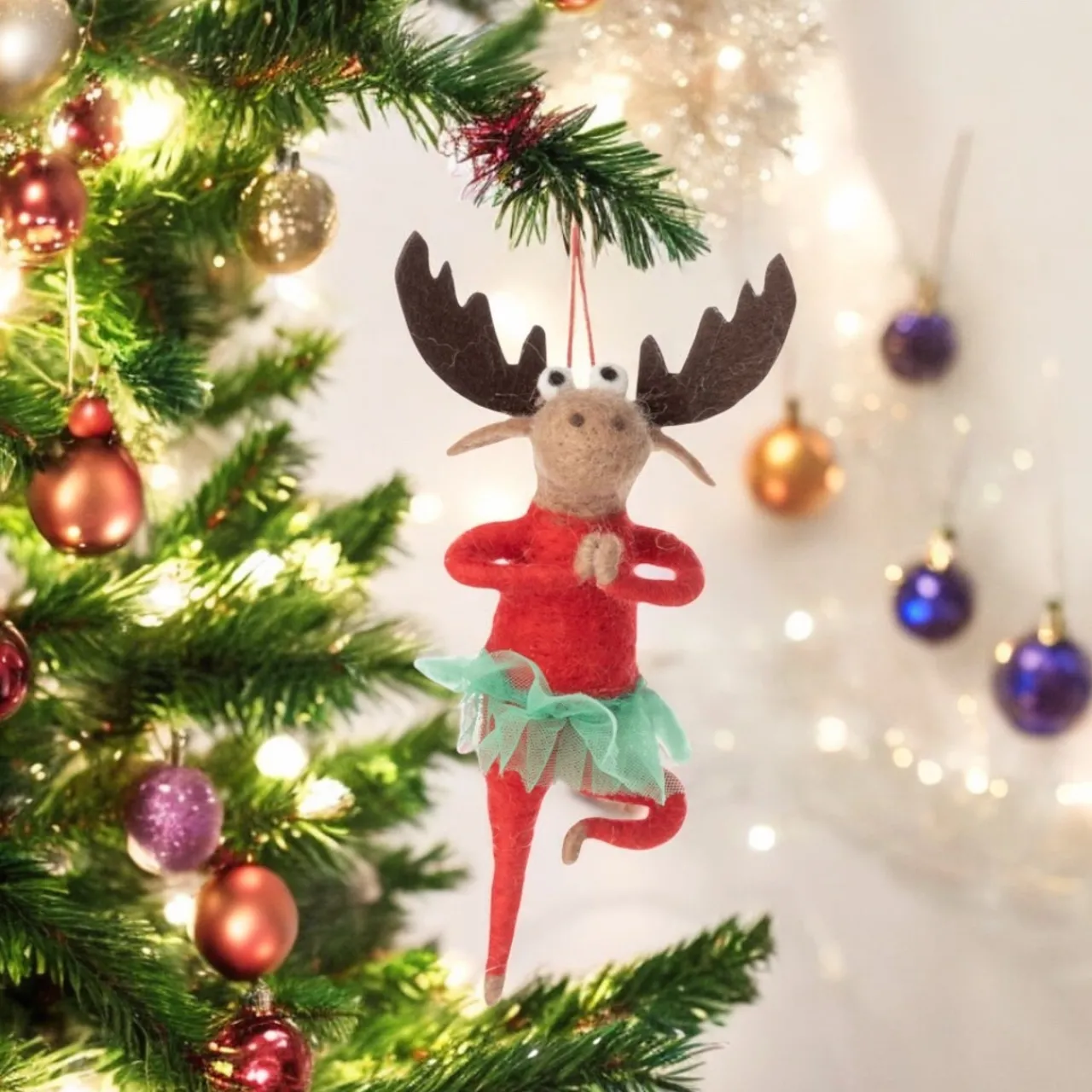 Felt Moose Yoga Pose Ornament in Red Top< Best