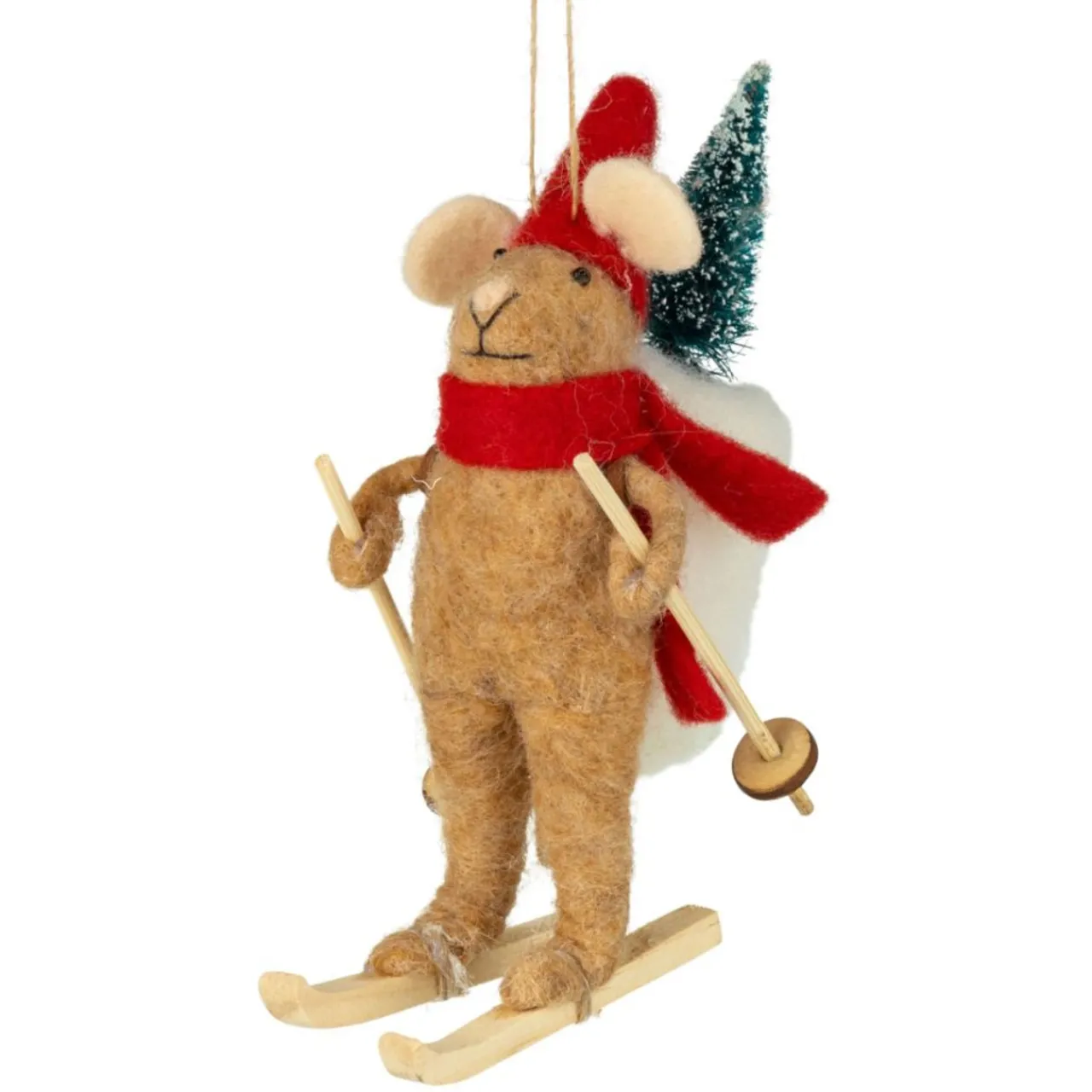 Felt Mouse Ornament on Wooden Skis with Red Scarf< Best