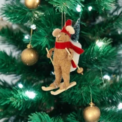 Felt Mouse Ornament on Wooden Skis with Red Scarf< Best