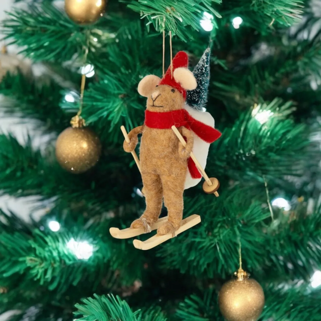 Felt Mouse Ornament on Wooden Skis with Red Scarf< Best