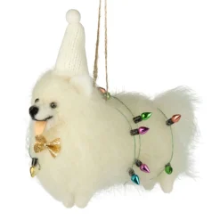 Felt White Dog Wrapped in Festive Lights Ornament< New