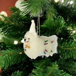 Felt White Dog Wrapped in Festive Lights Ornament< New
