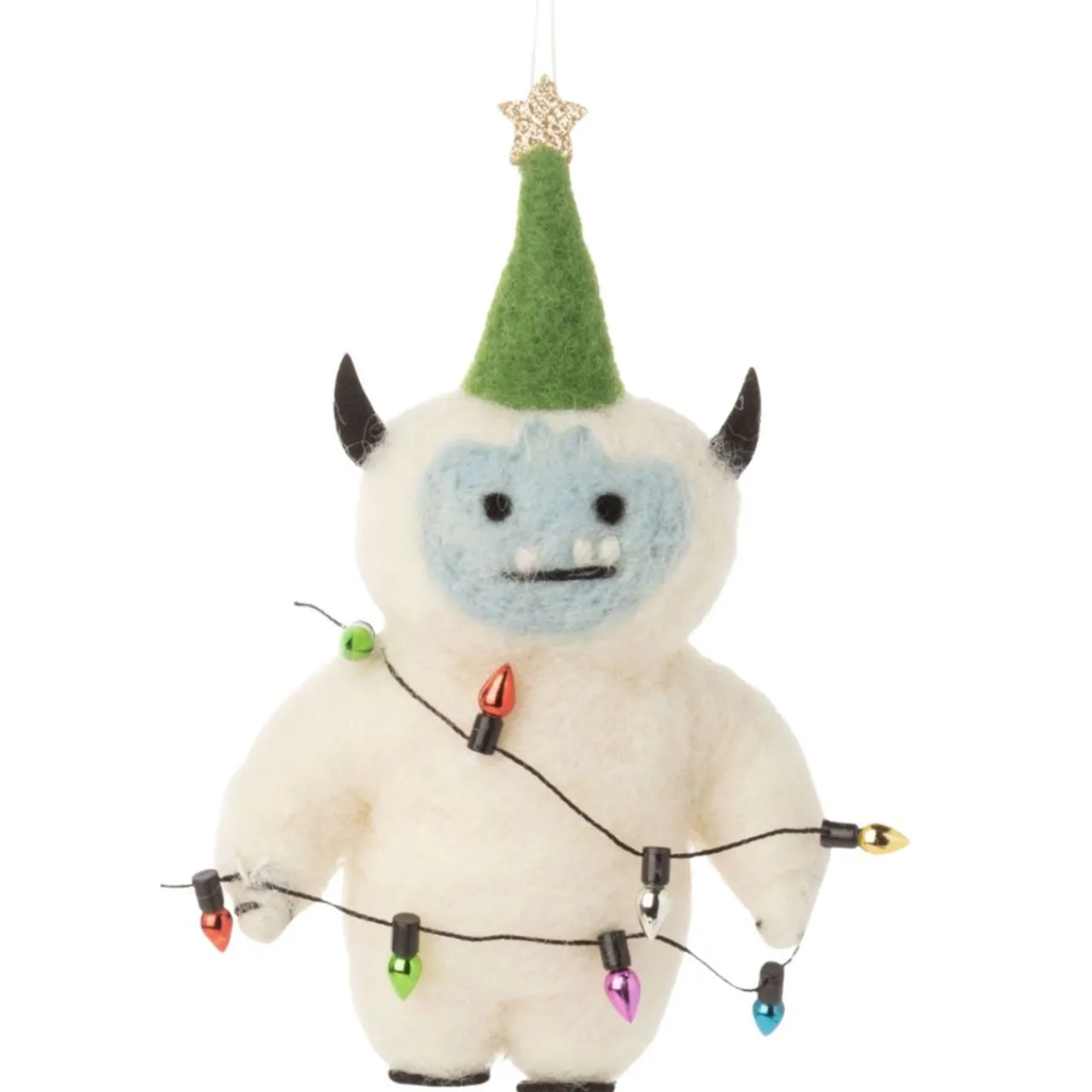 Felt Yeti Ornament with Green Hat and Festive Lights< Hot