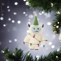 Felt Yeti Ornament with Green Hat and Festive Lights< Hot