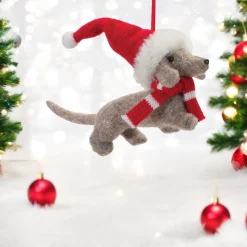 Felted Dog Wearing Santa Hat Ornament< Discount