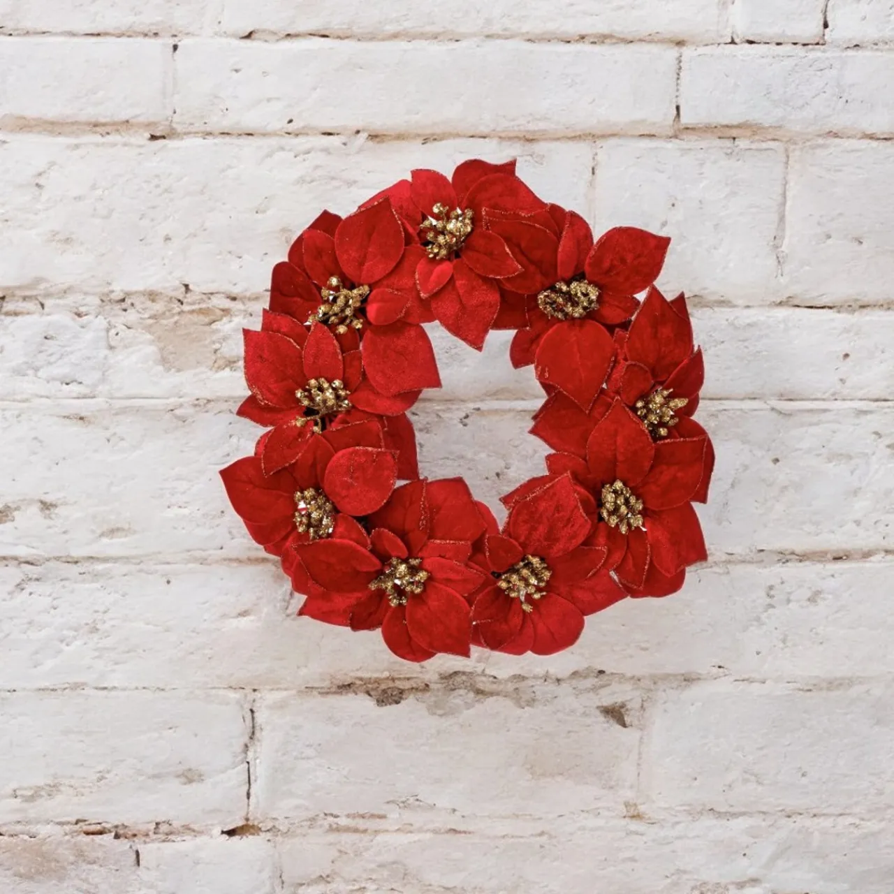 Festive Red And Gold Glitter Poinsettia Wreath< Online