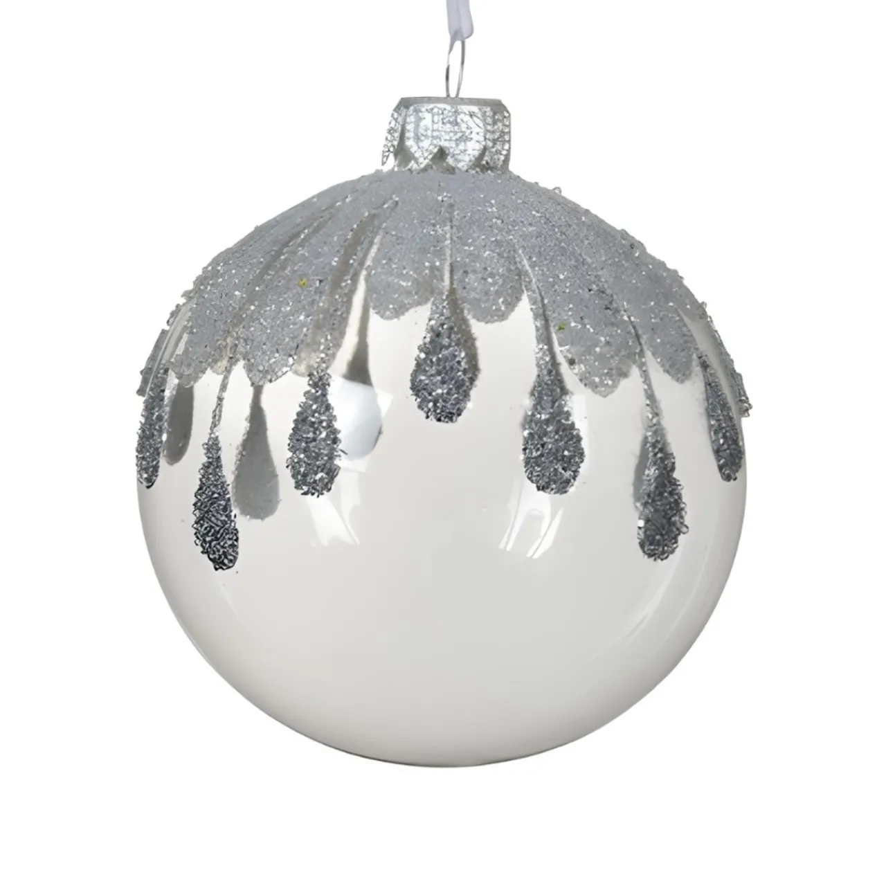 Glass Ball with Silver Glittered Tear Drops Ornament< Outlet