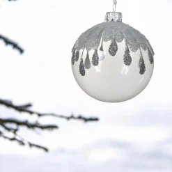 Glass Ball with Silver Glittered Tear Drops Ornament< Outlet
