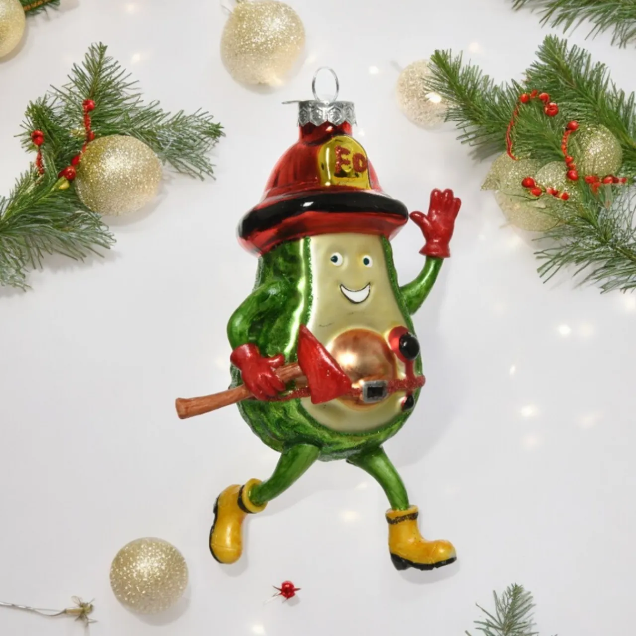 Glass Firefighter Avocado Ornament< New
