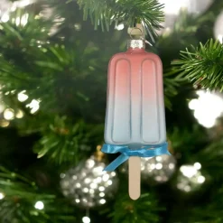 Glass Popsicle with Blue Ribbon Ornament< Sale