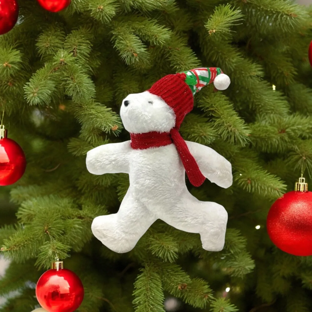 Glittered Polar Bear with Plaid Hat Ornament< Hot