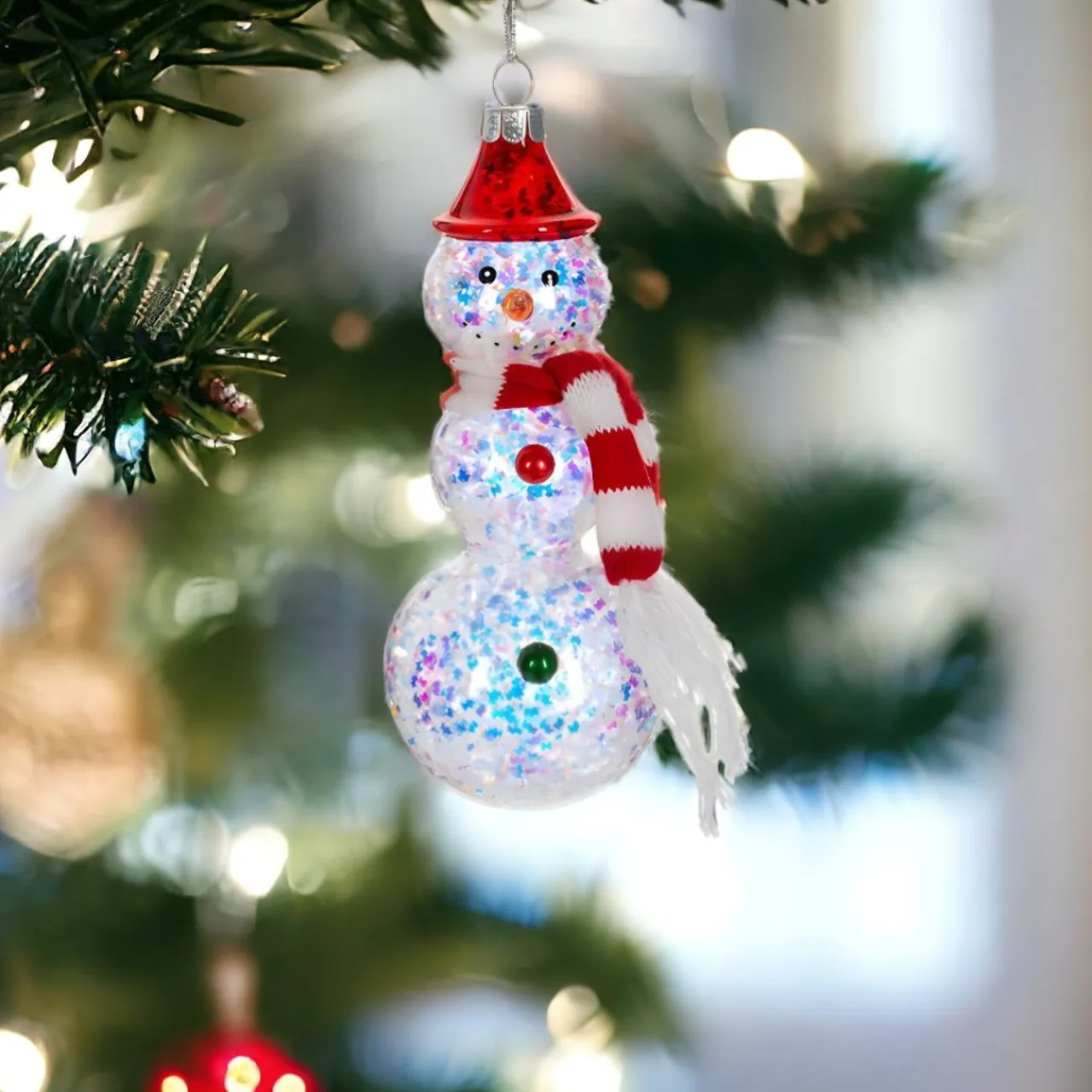 Glowing Snowman with Red Hat Ornament< New