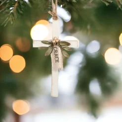 Grace Cross Ornament with Decorative Green Leaves< Fashion