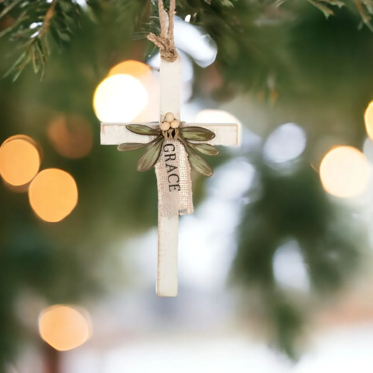 Grace Cross Ornament with Decorative Green Leaves< Fashion
