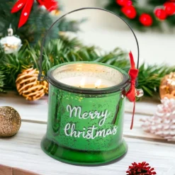 Green Mercury Glass Jar Wax Candle with Handle - Festive Light< Clearance